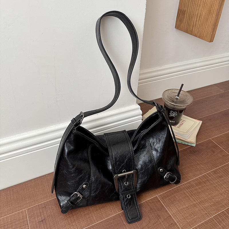 Black soft vegan leather hobo bag with front buckle strap, wide strap and side buckles, option Black