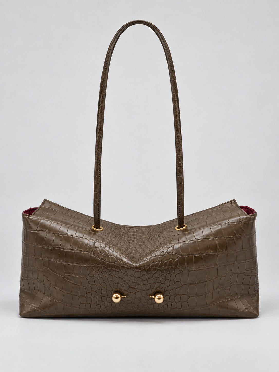 Olive khaki croc embossed shoulder bag with gold ball studs, Stone pattern light coffee option
