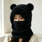 Woman wearing a black fluffy knit bear ear balaclava hood with the neck tube pulled over her nose, Adult Black