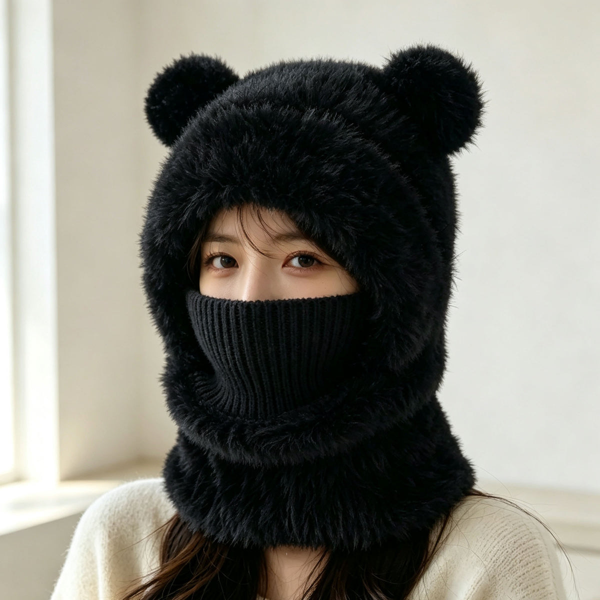Woman wearing a black fluffy knit bear ear balaclava hood with the neck tube pulled over her nose, Adult Black