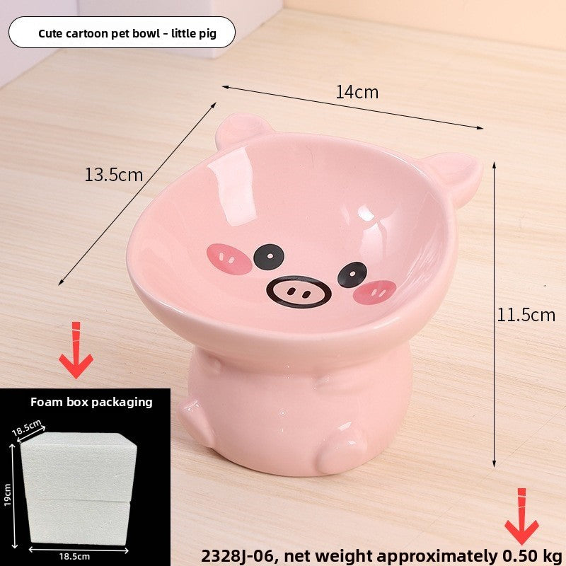 Little pig ceramic raised pet bowl in pink with round ears and a painted snout, 14 by 13.5 cm and 11.5 cm high