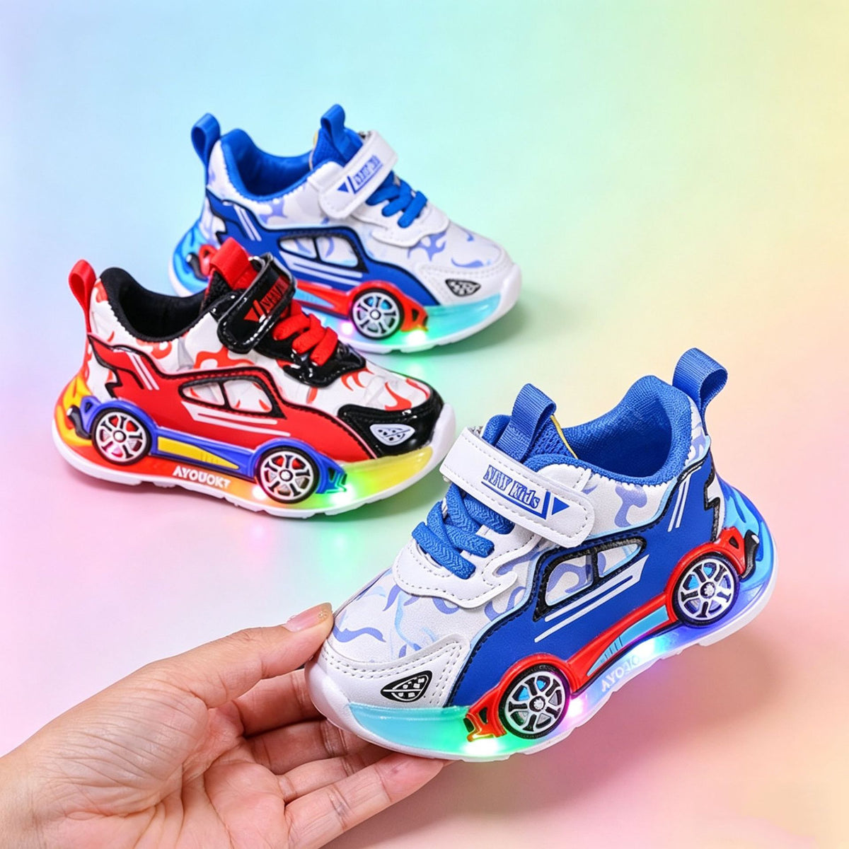Hand holding a blue and white sports car sneaker beside a red and a blue pair of LED light up kids sneakers