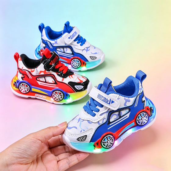 Childrens LED Light Up Sports Car Sneakers with Hook and Loop Strap
