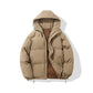 Hooded padded puffer jacket in khaki, worn over a hoodie