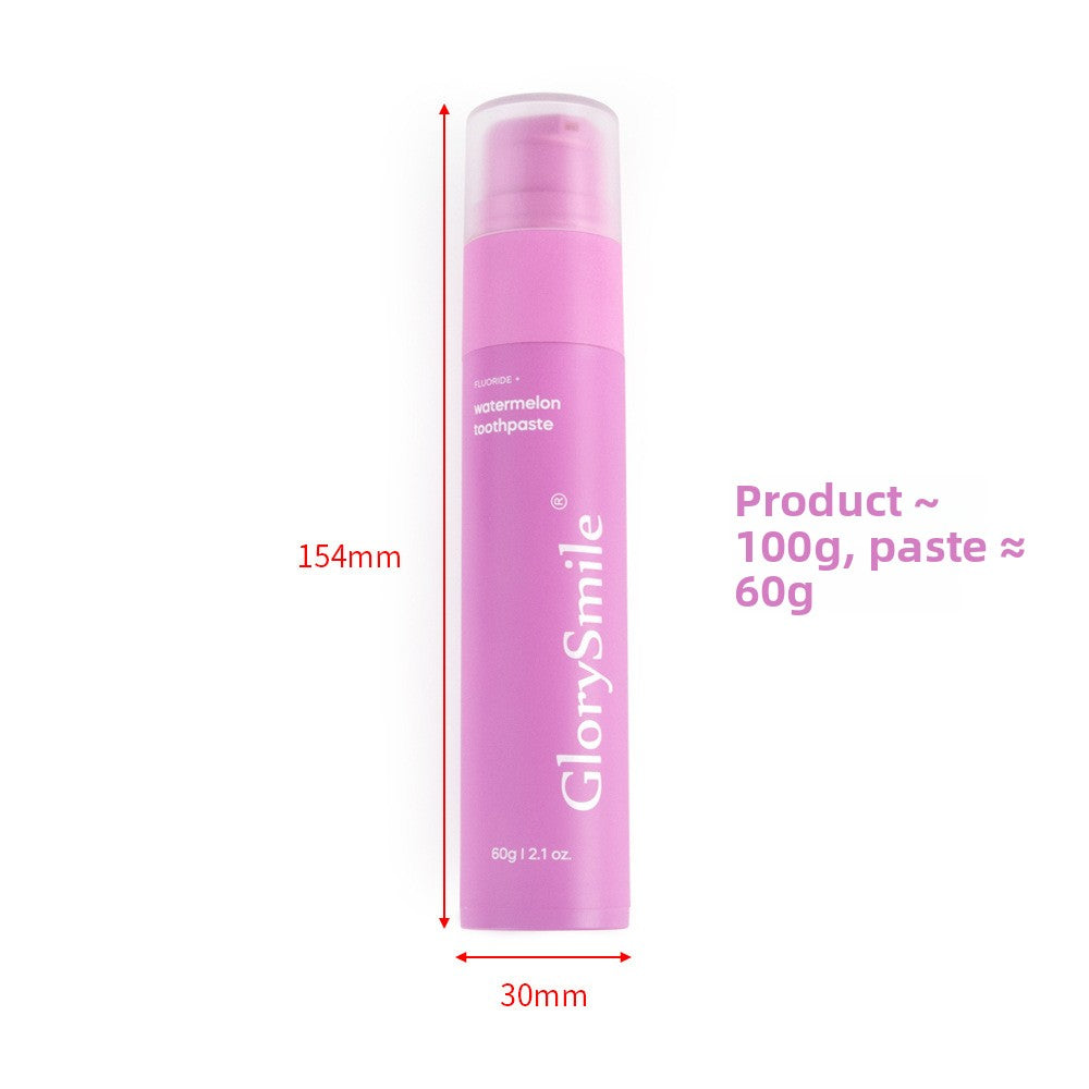 GlorySmile fluoride toothpaste pump tube shown close up with the flavor label