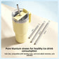 Three titanium straws of 145, 205 and 220 mm beside a yellow handled tumbler with a straw in the lid
