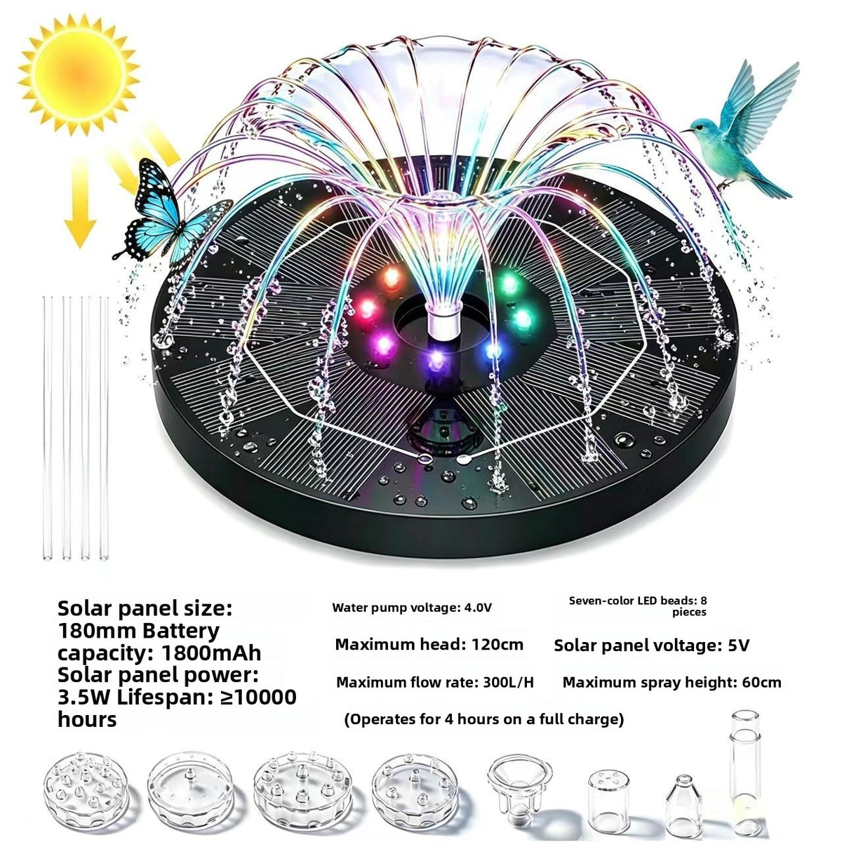 Solar fountain spec panel with 1800mAh battery, 8 LED beads, 120cm head and clear nozzles, light and battery option