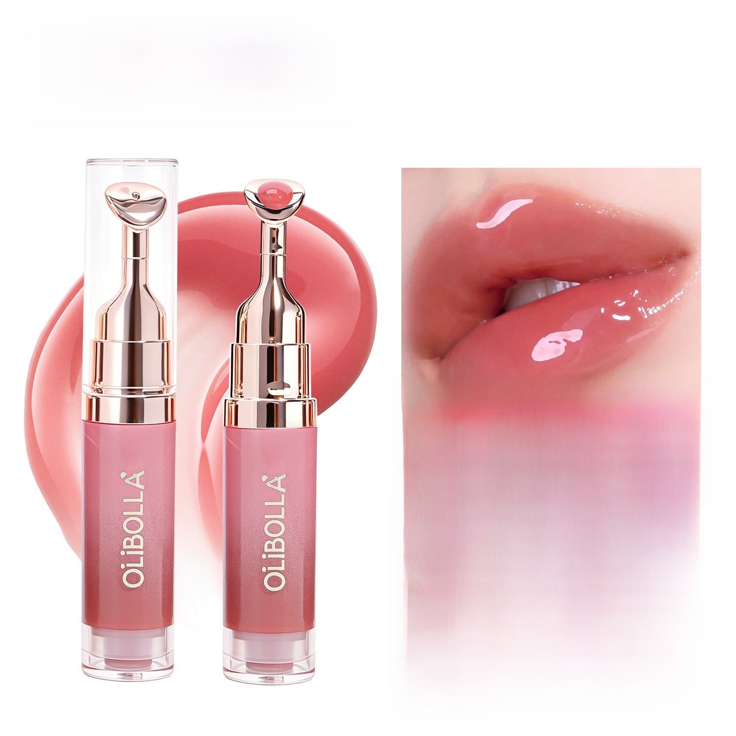 OLIBOLLA lip glaze tubes with metal tips beside a shiny pink tinted lip close up