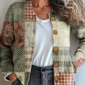 Vintage 3D digital print acrylic cardigan for women with an open button front and round neck
