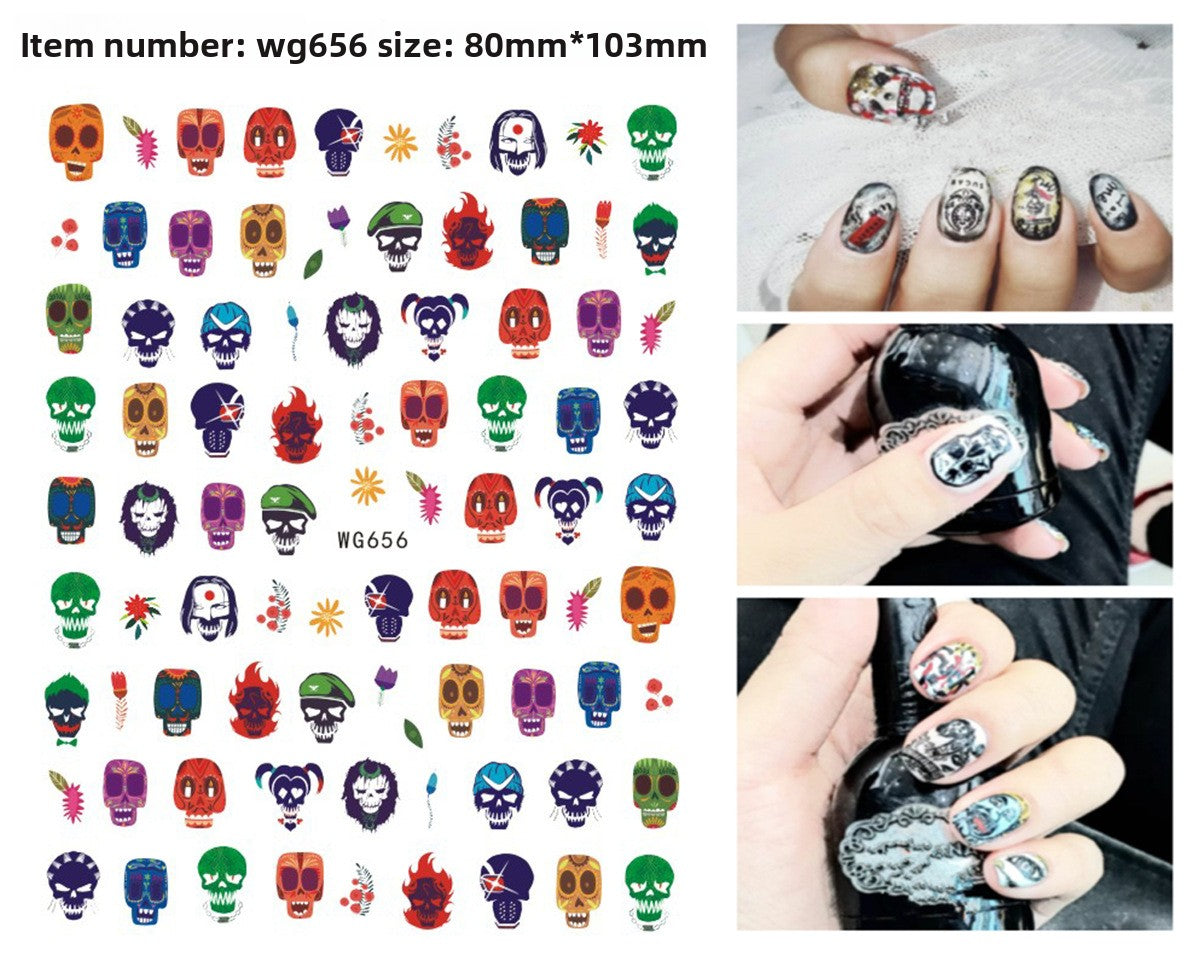 Halloween nail art with cartoon skeleton and monster face designs