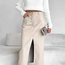 Women's PU Leather Midi Skirt with Front Slit and Fleece Lining