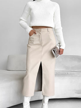 Women's PU Leather Midi Skirt with Front Slit and Fleece Lining