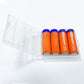 Four orange USB-C rechargeable AA lithium batteries with blue caps lined up in an open clear case