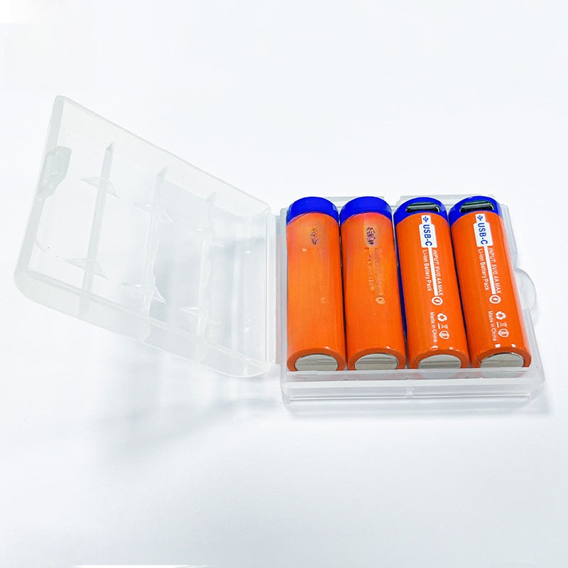 Four orange USB-C rechargeable AA lithium batteries with blue caps lined up in an open clear case