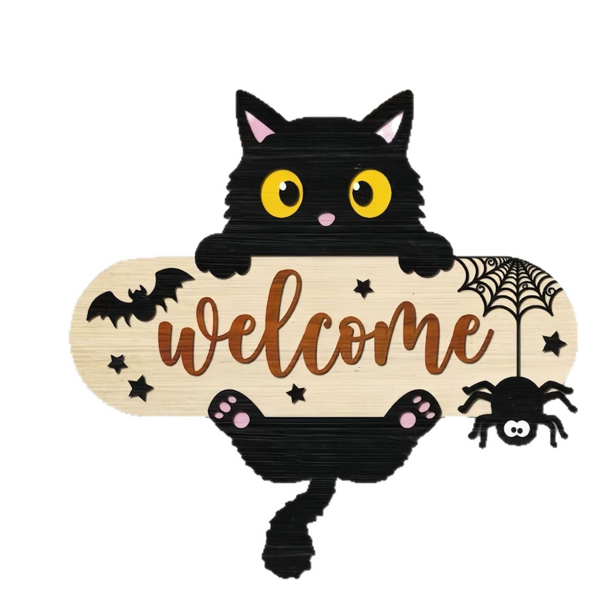 Printed wooden Halloween plaque, thin flat board with a seasonal design and a hanging cord