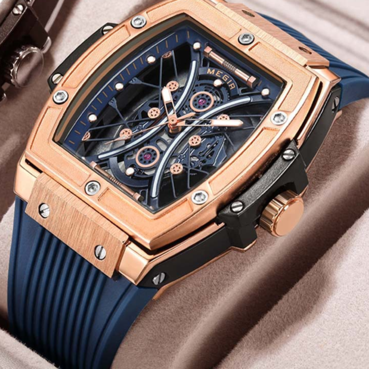Front view of the Megir skeleton watch showing the open dial and bridges