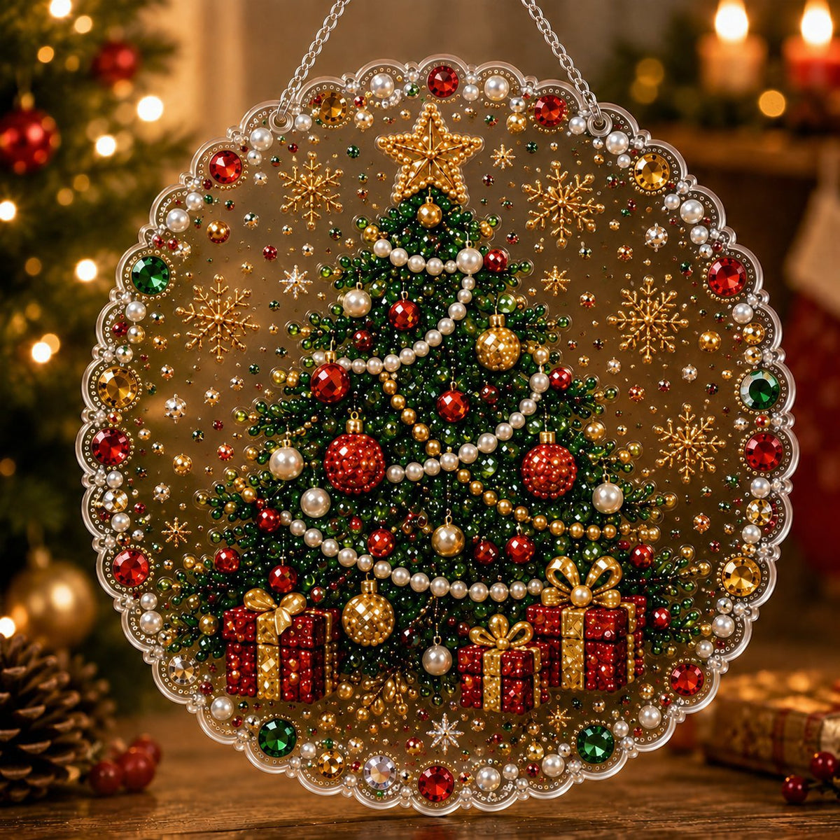 Christmas diamond painting ornament shown hanging near a lit tree