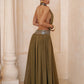 Backless halter chiffon maxi gown with sequin collar, side view showing the open back and floor length skirt