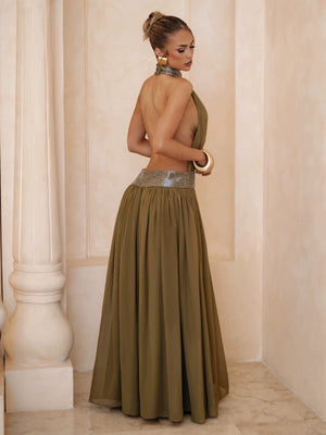 Backless halter chiffon maxi gown with sequin collar, side view showing the open back and floor length skirt