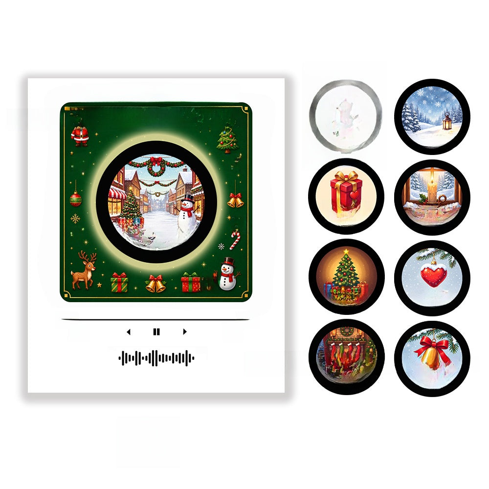 Rotating NFC music player with a green Christmas village scene beside eight round themed discs