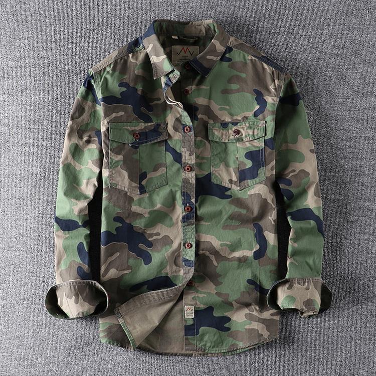 Men's washed camouflage long sleeve button shirt with two flap chest pockets showing the washed vintage camo finish