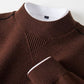 Brown men's textured knit half turtleneck long sleeve top, collar and chest insert close-up, size XL