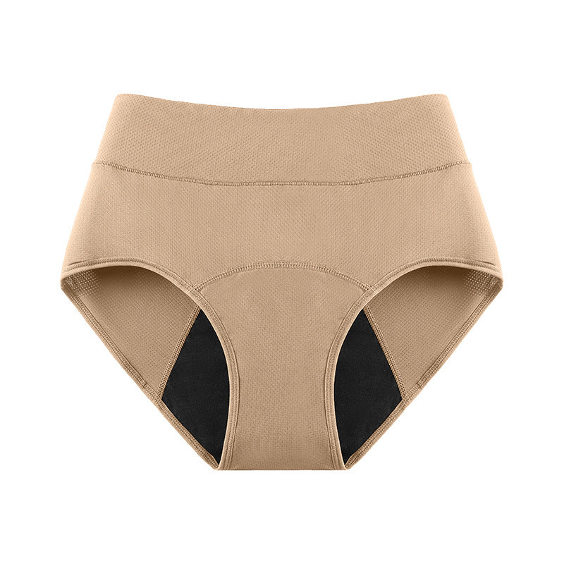 Beige high-waist menstrual brief front view with mesh side panels on a plain background
