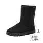 Black suede mid calf pull on snow boot, front studio view on white background