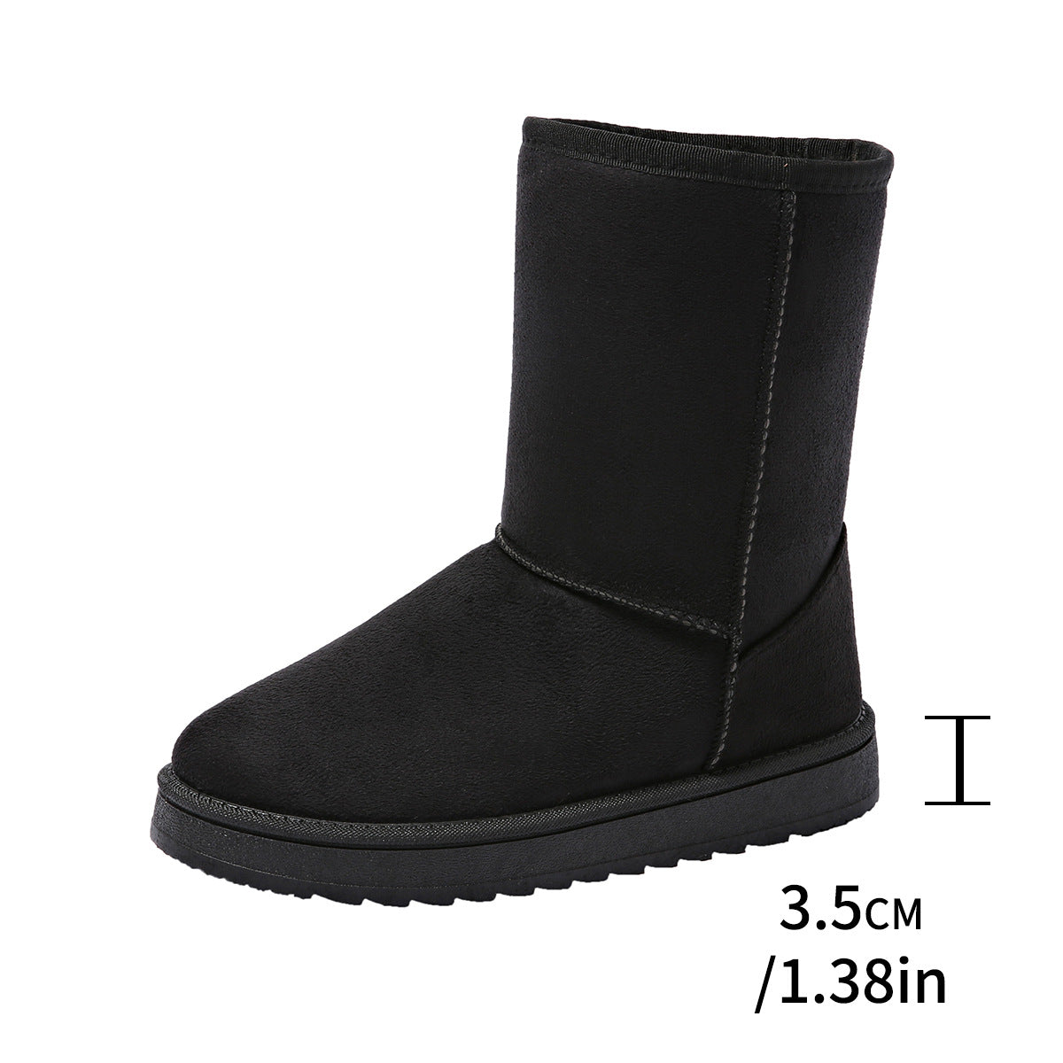 Black suede mid calf pull on snow boot, front studio view on white background