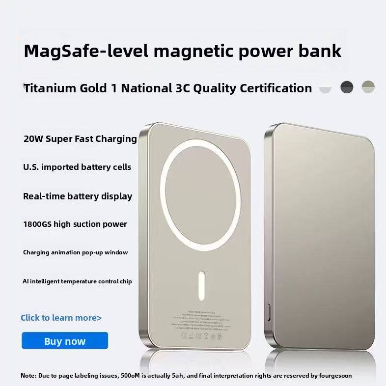 Magnetic wireless power bank shown from the front in one of its finishes