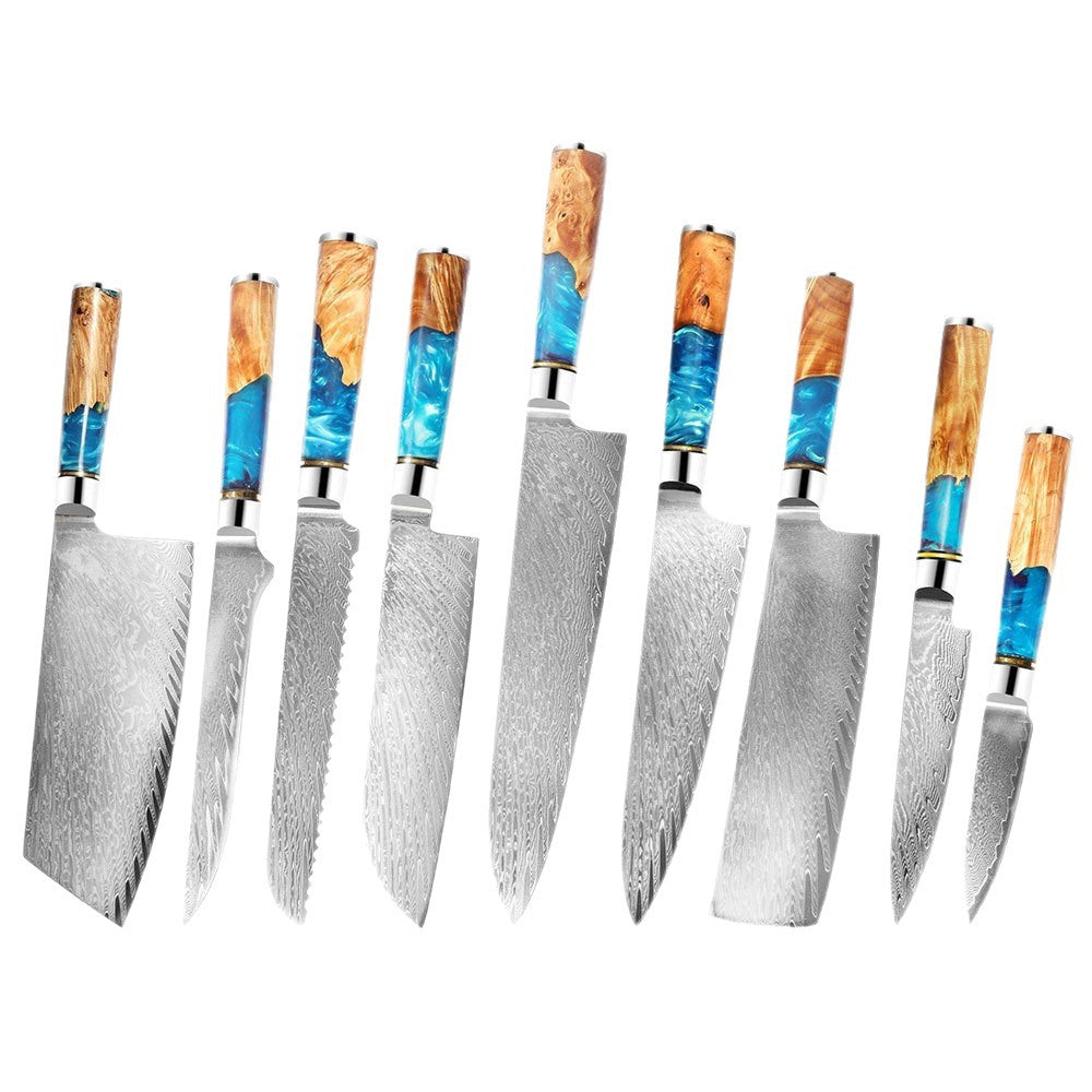 Lineup of Damascus pattern kitchen knives with blue resin and burl wood handles on a white background