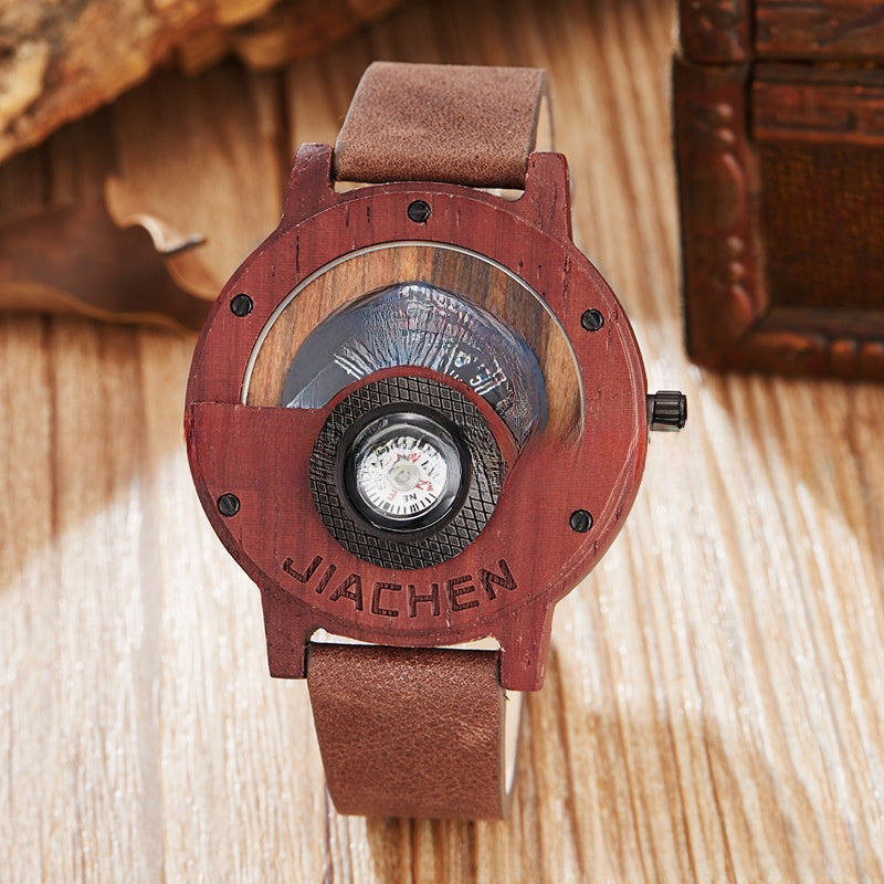 Detail of the wood case finish and linked strap build on the compass watch