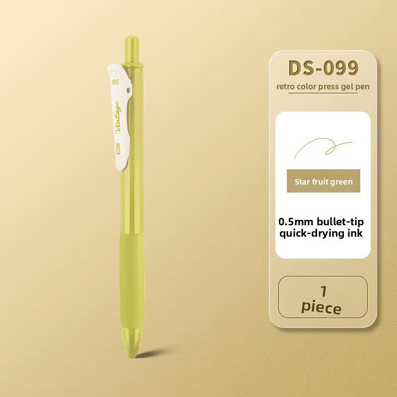 Yellow green retractable gel pen on a matching background, labeled Star fruit green, Starfruit Green 1pc