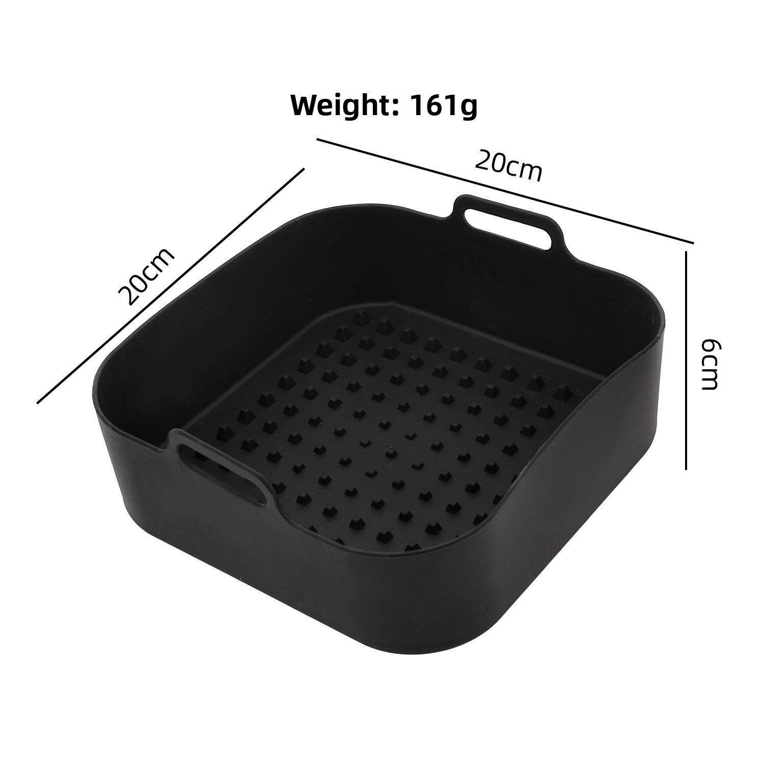 Black large square silicone air fryer liner tray with a studded base, about 20 by 20 by 6 cm
