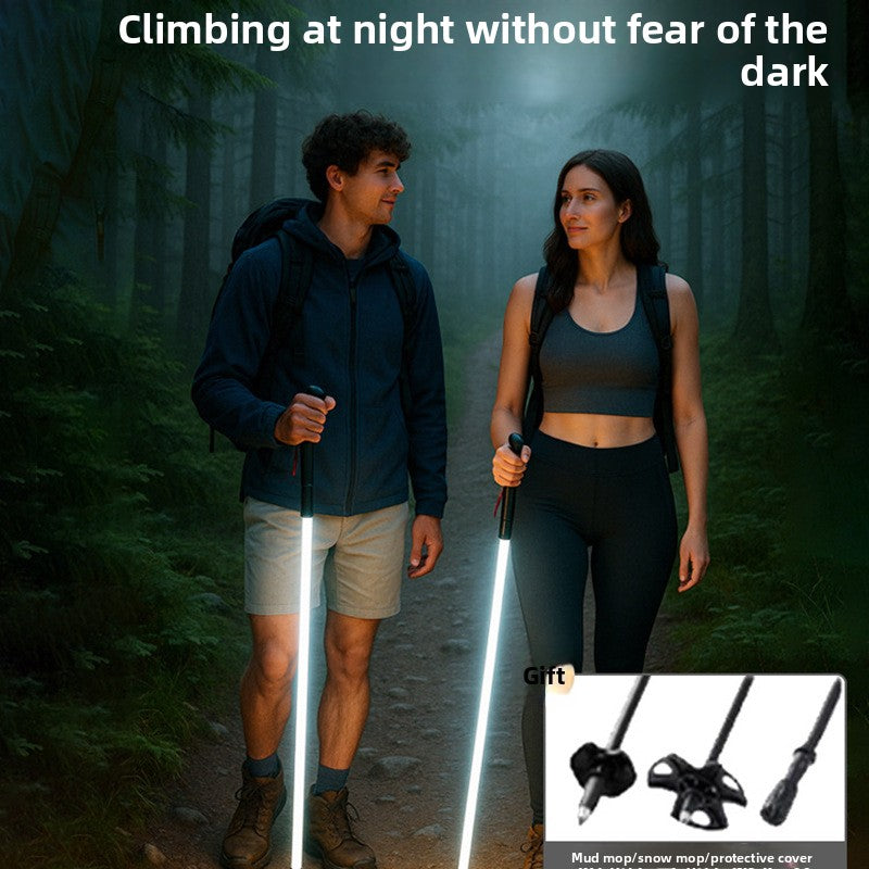 Carbon steel tip and removable snow tray of the LED trekking pole shown up close