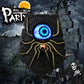 Black spiderweb Halloween doorbell plaque with a glowing blue eyeball on a haunted party background
