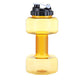 Row of dumbbell water bottles in several translucent colours on a white background
