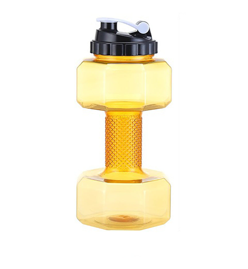 Row of dumbbell water bottles in several translucent colours on a white background