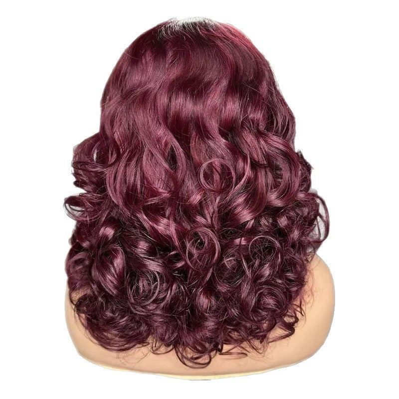 Back view of the burgundy curly wig on a white background, loose spiral curls across the back