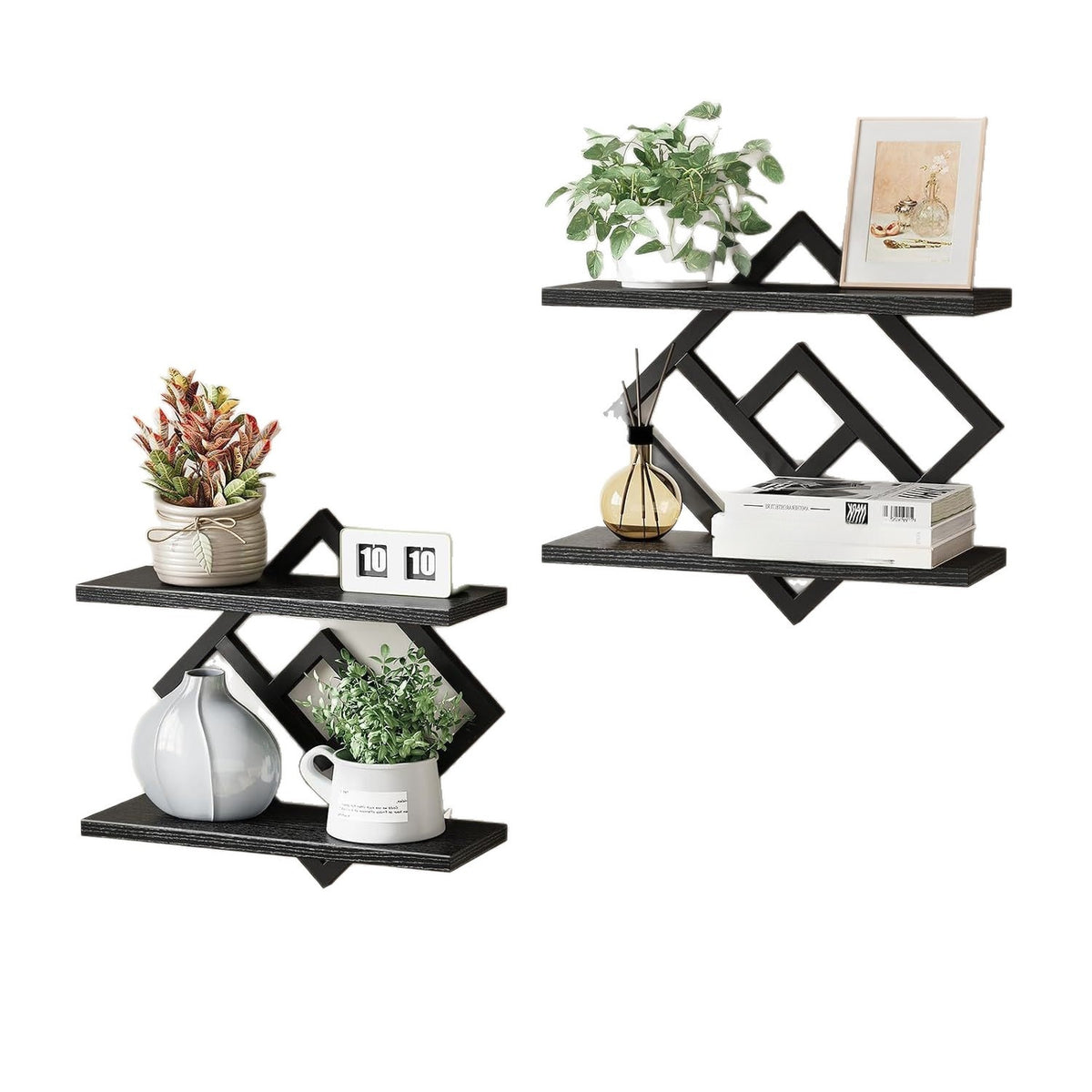 Two wall shelf units with black boards and black geometric iron frames holding plants, vases and books