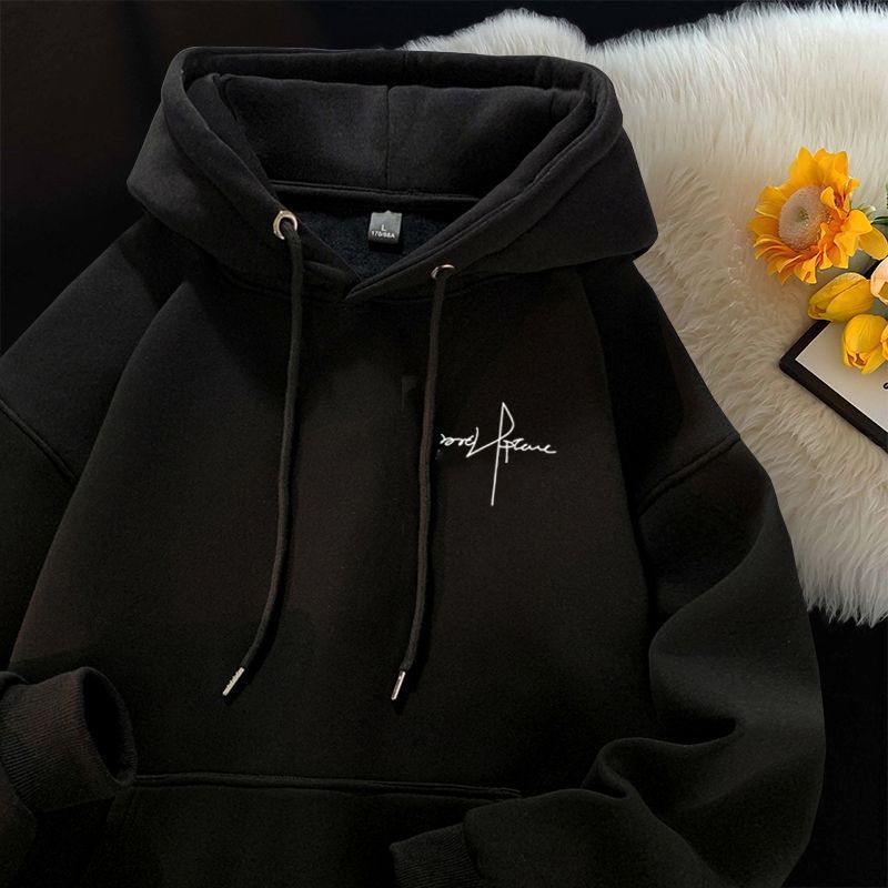 Black mens letter print hooded sweatshirt with drawstring hood and front pocket, product photo