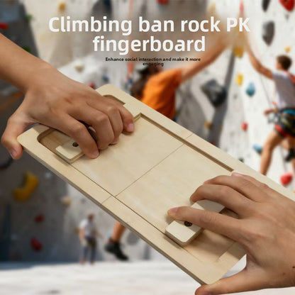 Two hands pulling the grip bars on a wooden board in front of a climbing wall, text climbing ban rock PK fingerboard