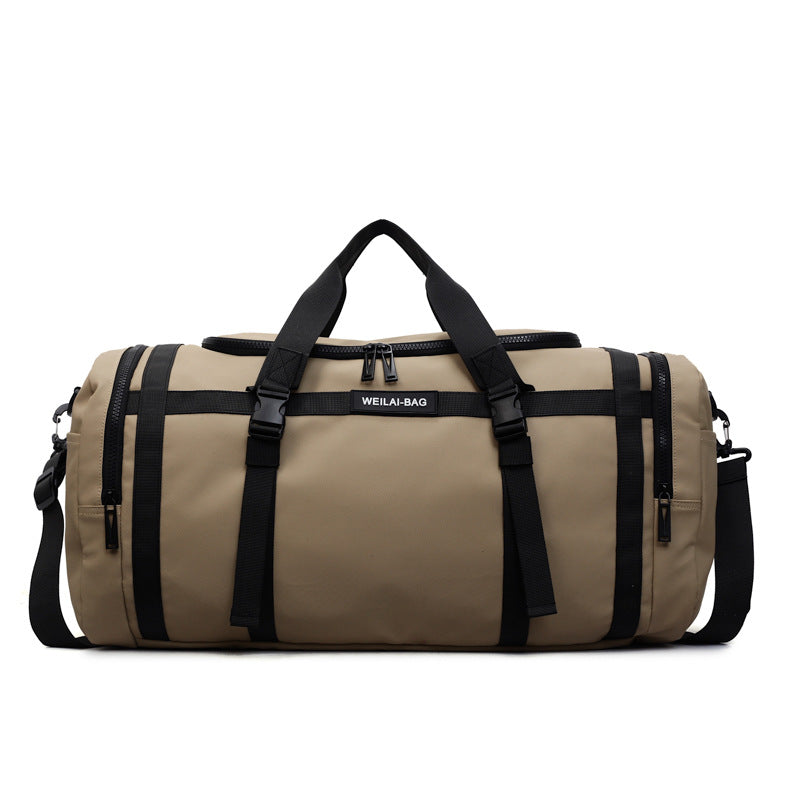 Travel duffel bag open to show the main compartment and inner polyester lining