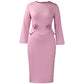 Pink peplum bodycon midi dress flat on white, sculpted roses and scalloped flounce, Pink option