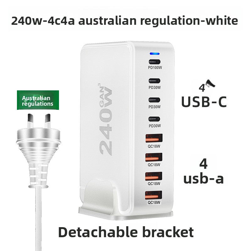 GaN desktop charging station showing the labelled USB C PD and USB A QC port column