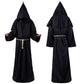 Black hooded monk robe with shoulder cape, front and back views, size XL