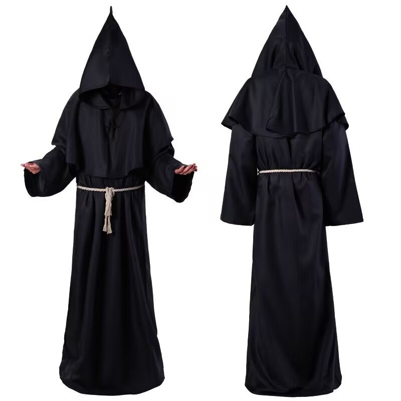 Black hooded monk robe with shoulder cape, front and back views, size XL