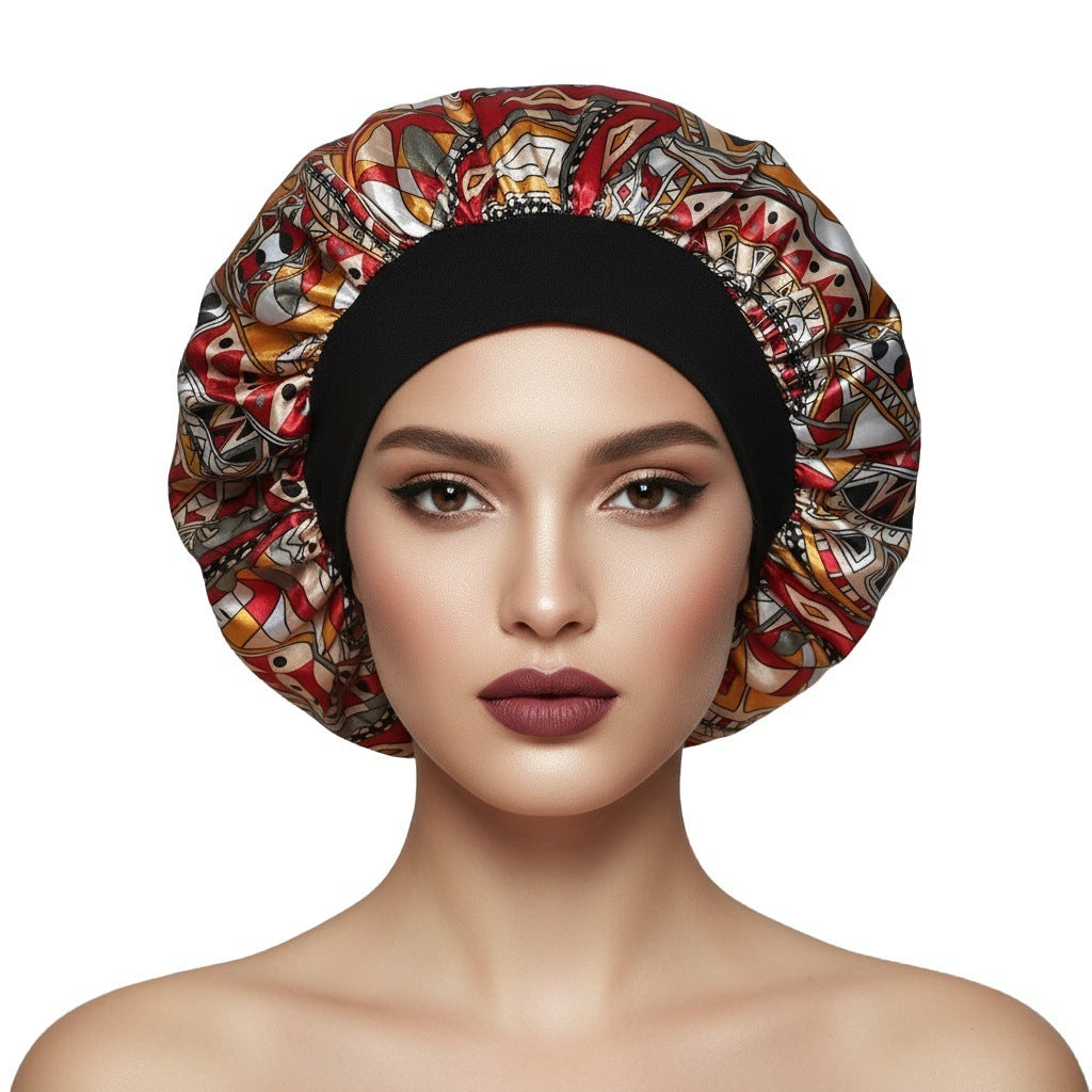 Red Ornate Print satin sleep bonnet with ruffled crown and wide elastic band, 30 cm diameter