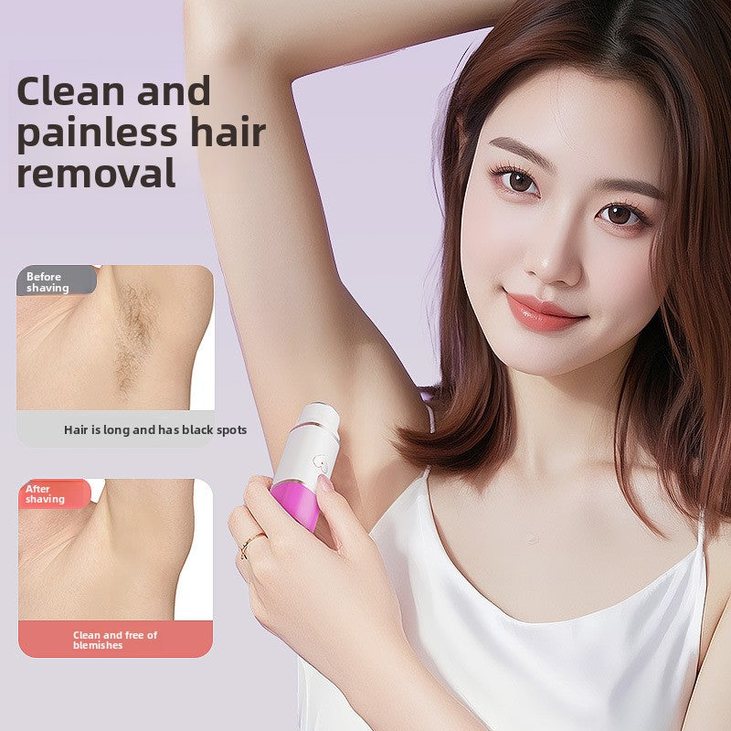 Maker lifestyle panel of a woman holding the mini shaver up to her underarm