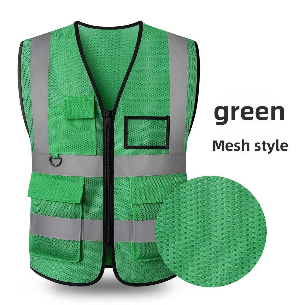 Green mesh reflective work vest with perforated fabric and chest ID window pocket